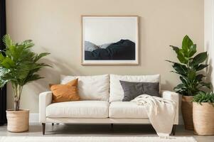 acogedor, moderno vivo habitación con un blanco sofá, plantas, y un montaña pintura ai generado foto