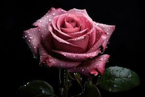 Beautiful pink rose with water drops on black background, closeup, a pink rose with drops of water on it's petals and a dark background, AI Generated photo