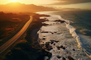 Aerial view of a road on the Atlantic Ocean at sunset. aerial view of a road going along the sea at sunset, AI Generated photo