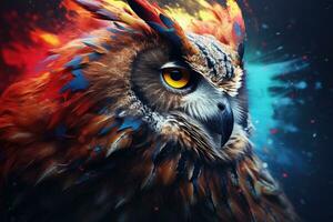 Owl with fire and smoke in the background. 3d rendering, Abstract animal Owl portrait closeup with colorful double-exposure paint, AI Generated photo