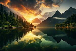 Mountain lake at sunset. Dramatic scene. Beauty world. Beautiful lake landscape view with green trees, mountains, and sunset, AI Generated photo