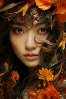 Asian korean girl beautiful eyes orange and yellow tones AI Generative photo