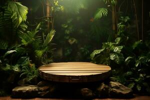 Wooden podium in tropical forest for product presentation AI Generative photo