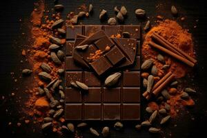 Chocolate, cocoa powder and spices on a black background. Toned. Chocolate background with chocolate bars, chips and cocoa powder, overhead, AI Generated photo