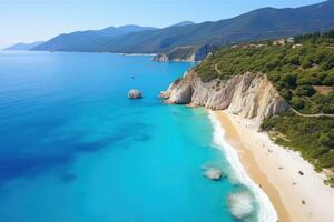 aéreo ver de hermosa playa en cefalonia, Grecia, aéreo vuelo con zumbido terminado famoso playa de kavalikefta en el isla de lefkada en el jónico mar en Grecia, ai generado foto