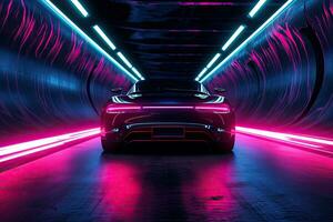 3D rendering of a sports car in a tunnel with neon lights, Car in a tunnel with neon lighting, front view, AI Generated photo