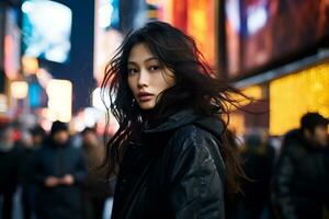 Beautiful asian girl wearing casual attire in sidewalk AI Generative photo