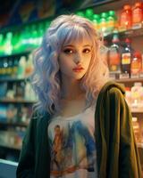 a stylish girl wearing streetwear in a convenience store AI Generative photo