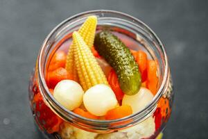vegetable pickled salad cucumber, gherkin, carrot, onion, cauliflower, pepper appetizer meal food photo