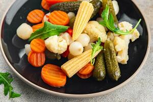 vegetable pickled salad cucumber, gherkin, carrot, onion, cauliflower, pepper appetizer meal food photo