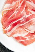 bacon slice fresh smoked meat cooking meal food snack on the table copy space food background rustic top view photo