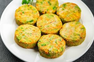 fresh vegetable cutlet broccoli, carrots, potatoes, onions, vegetables appetizer meal food snack on the table copy space food background rustic top view photo