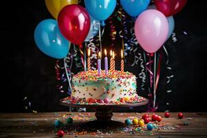 Birthday cake with burning candles and colorful balloons on dark wooden background, Birthday cake with colorful balloons, confetti and confetti on the table, AI Generated photo