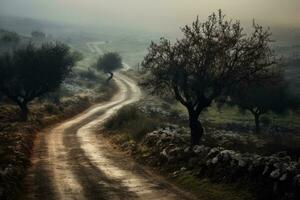 Gravel road through olive grove in the morning fog, Spain, An early morning elevated shot of a dirt road winding through overgrown brush, AI Generated photo