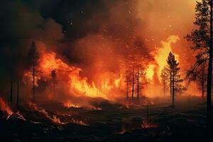 Forest fire. Burning dry grass and trees in the forest. Natural disaster. Burning forest, fire and smoke in the evening. Conceptual image, AI Generated photo