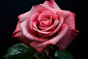 Beautiful pink rose with water drops on black background, closeup, a pink rose with drops of water on it's petals and a dark background, AI Generated photo