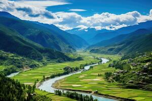 aterrazado arroz campo en yunnan, porcelana. yunnan es un la unesco mundo patrimonio sitio. aéreo ver de paro Valle Bután, ai generado foto