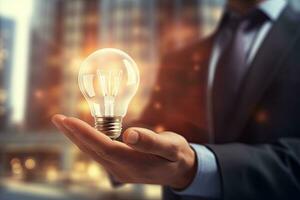 Close up of businessman holding glowing light bulb in palm. Idea concept, Businessman on blurred background using glowing lightbulb with his hand 3D rendering, AI Generated photo