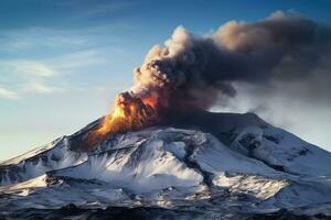 volcánico erupción en kamchatka, Rusia. panorama de el volcán. un pequeño volcánico erupción en monte fagradalsfjall, Sur oeste Islandia, ai generado foto