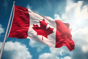 Canadá bandera ondulación en el viento en contra un azul cielo con blanco nubes, Canadá bandera al aire libre ondulación, ai generado foto