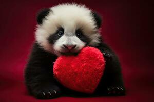 Panda bear with red heart on red background, valentines day, Adorable newborn panda holding red heart Valentine's day, HDR, AI Generated photo