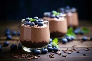 chocolate mousse con Fresco arándanos en un vaso en de madera fondo, chocolate mousse con Fresco arándanos en vaso frascos, selectivo enfocar, ai generado foto