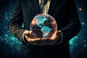Close up of businessman holding in palms glowing earth globe. Elements of this image are furnished by NASA, Businessman holding global network connection in his hands. 3D rendering, AI Generated photo