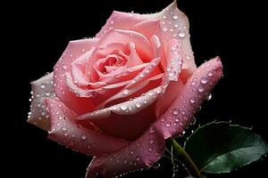 Beautiful pink rose on a black background with water droplets. a pink rose with drops of water on it's petals and a dark background, AI Generated photo