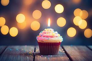 Cupcake with candle on bokeh background. Happy birthday, Birthday cupcake with candle on wooden table against bokeh background, AI Generated photo