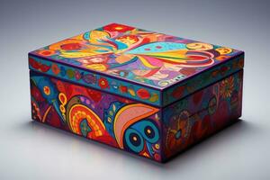 Colorful gift box with abstract patterns on a gray background. 3d illustration, beautiful and imaginative gift box, containing a stunning array of colorful, imaginative decorations, AI Generated photo