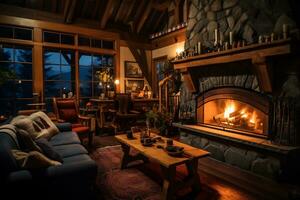 a cozy rustic home interior with fireplace AI Generative photo