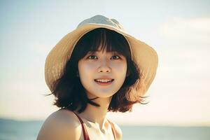 Beautiful young asian girl wearing summer dress in sunny day AI Generative photo