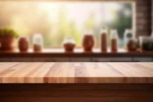 wooden table on blurred kitchen bench background AI Generative photo