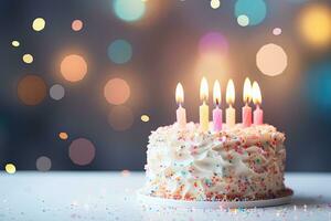 Birthday cake with burning candles on bokeh background, Birthday cake with candles on bokeh background, close up, AI Generated photo