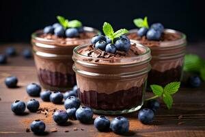 Chocolate mousse with fresh blueberries and mint in glass jars, Chocolate mousse with fresh blueberries in glass jars, selective focus, AI Generated photo