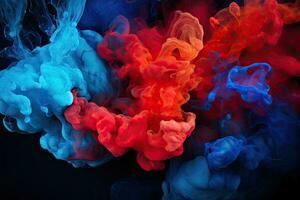 Colorful ink in water on a black background. Abstract background. Acrylic blue and red colors in water. Ink blot. Abstract black background, AI Generated photo