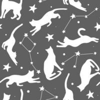 Seamless pattern with silhouettes of cats in the sky, constellations of stars. Mystical space print with animals. Vector graphics.