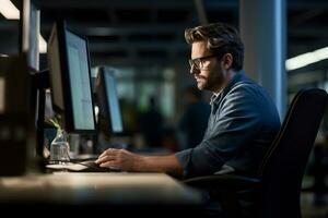An office worker is focused on working in front of the monitor AI Generative photo