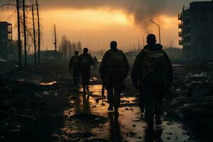 Soldiers walk through the ruins of a city caused by war AI Generative photo