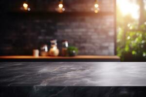 modern dark marble table on blurred kitchen bench background AI Generative photo