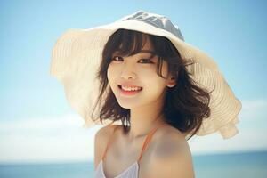 Beautiful young asian girl wearing summer dress in sunny day AI Generative photo