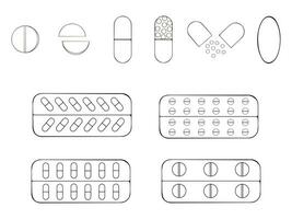 conjunto de garabatos de pastillas, medicamentos en un blanco antecedentes vector