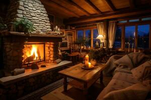 a cozy rustic home interior with fireplace AI Generative photo