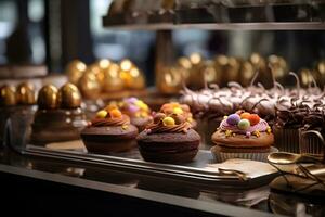 Inside a gourmet bakery Easter treats are being beautifully displayed AI Generative photo