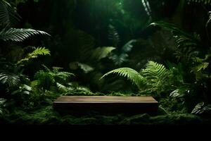 Wooden podium in tropical forest for product presentation AI Generative photo