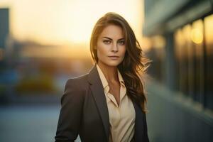 An elegant businesswoman standing in front of an office building AI Generative photo