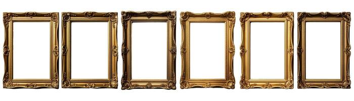 Collection of front view antique rectangle golden picture frame. Photo of ancient vintage mirror frame. Isolated on white background. Generative AI