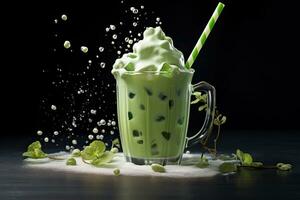 Iced matcha latte with milk splash on black wooden background, Matcha bubble tea with milk and froth, AI Generated photo