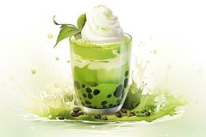 Matcha green tea with whipped cream and mint leaves. Vector illustration, Matcha bubble tea with milk and froth, AI Generated photo