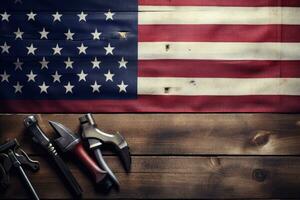 American flag with construction tools on wooden background. Labor day concept, Mechanic Tools And Usa Flag On Wooden Background, copy space, AI Generated photo